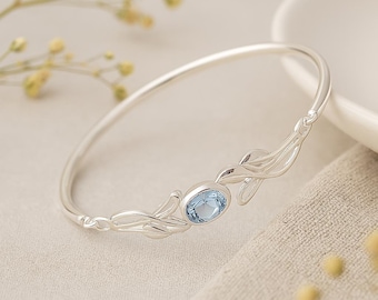 Sterling Silver Blue Topaz Leaf Bangle