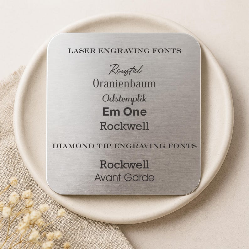 Puede incluir: Una placa cuadrada de metal cepillado que muestra opciones de fuentes para grabado l&aacute;ser y con punta de diamante. La placa presenta el texto "LASER ENGRAVING FONTS" y "DIAMOND TIP ENGRAVING FONTS" junto con nombres de fuentes como "Roustel" y "Rockwell".