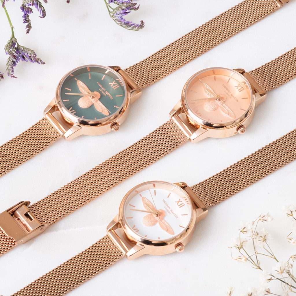 Personalised Rose Gold Bee Watch With Olive Face