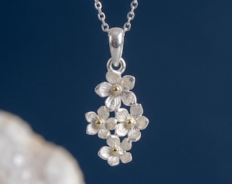 Personalised Forget Me Not Pendant Necklace in Sterling Silver and Gold
