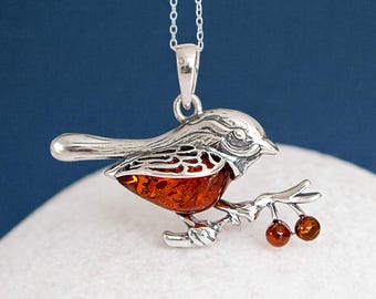 Personalised Sterling Silver Baltic Amber Robin Pendant Necklace