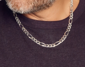 Mens Sterling Silver Heavy Figaro Chain Necklace