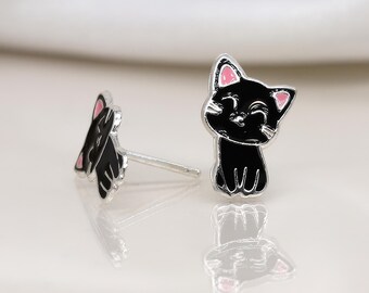 Girls Sterling Silver Black Cat Stud Earrings
