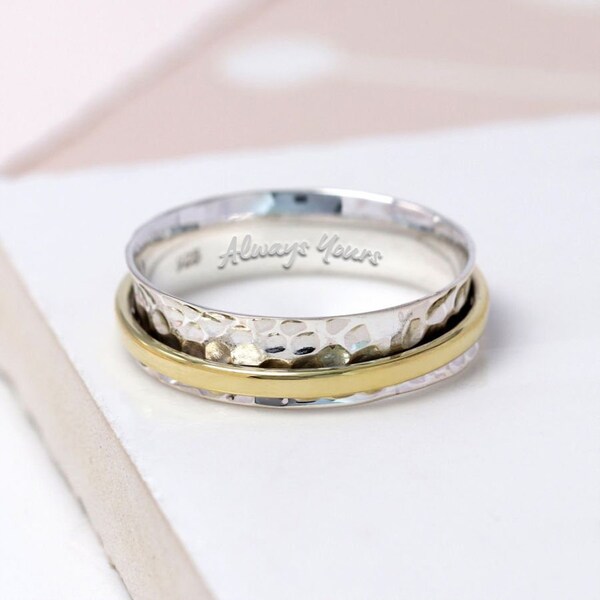 Personalised Dainty Brass Spinner Ring in Sterling Silver, Spinning Ring, Kinetic Anxiety Jewellery, Silver Spinner Ring, Slim, Petite