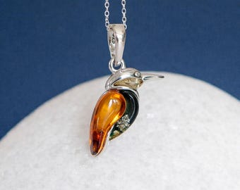 Personalised Sterling Silver Amber Kingfisher Necklace, Genuine Baltic Amber Bird Pendant, 20x15mm