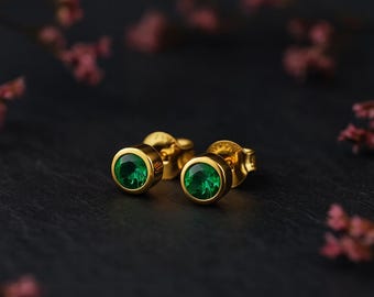 Gold Plated Sterling Silver May Emerald Birthstone Stud Earrings