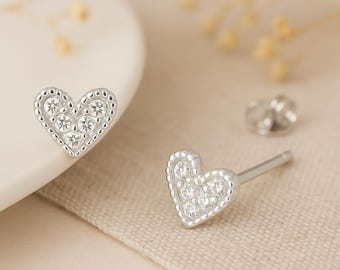 Sterling Silver Cubic Zirconia Heart Stud Earrings
