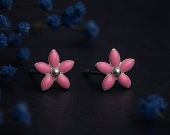 Mini Sterling Silver Pink Flower Stud Earrings