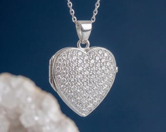 Personalised Sparkling Heart Photo Locket Necklace in Sterling Silver