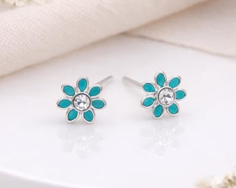 Sterling Silver Emerald Green Forget Me Not Flower Stud Earrings – 5mm
