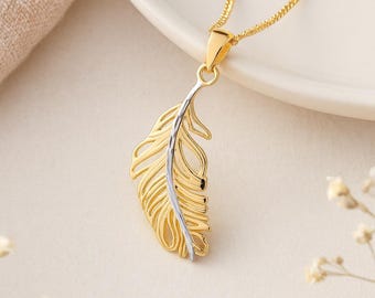 Feather Pendant • 9ct Yellow & White Gold Charm Necklace • Symbol of Hope and Freedom • Personalised • Gift for Her •