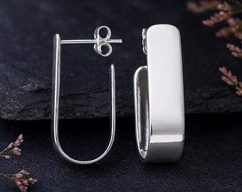 Chunky Sterling Silver Open Rectangle Hoop Earrings