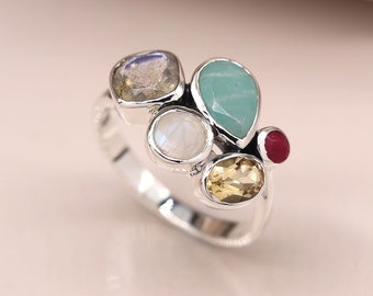 Sterling Silver Faceted Multi Gemstone Ring