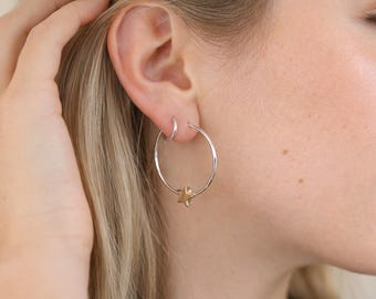 Large Silver Plated Organic Golden Star Hoop Earrings – 25mm