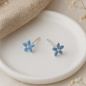 Sterling Silver Forget Me Not Studs: Blue Enamel Floral Earrings