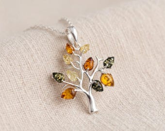 Personalised Baltic Amber Tree of Life Pendant Necklace in Sterling Silver