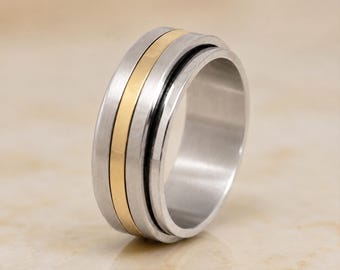 Personalised Silver Stainless Steel Spinner Ring With Gold