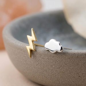 Mismatched Lightning And Cloud Stud Earrings in Sterling Silver and Gold