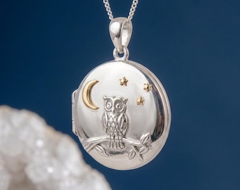 Personalised Night Owl Photo Locket Necklace In Sterling Silver And Gold