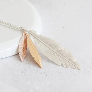 Triple Feather Pendant Necklace • Sterling Silver with Gold & Rose Gold Plating • Long Feather Charm Necklace • Mixed Metal Boho Jewellery