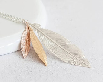 Sterling Silver Feather Trio Necklace