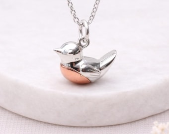 Personalised Sterling Silver And Rose Gold Robin Pendant Necklace