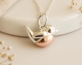Baby Robin Pendant • Silver & Rose Gold Bird Necklace • Personalised Charm Jewellery Gift • Nature Lover Present