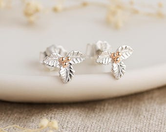 Sterling Silver December Birth Flower Holly Stud Earrings