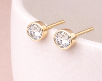 Gold Plated Sterling Silver April Cubic Zirconia Birthstone Stud Earrings – 7mm