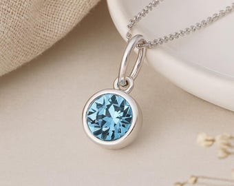 Aquamarine Birthstone Pendant • March Charm Necklace in Sterling Silver • Dainty Cubic Zirconia Gift • Personalised Birth Month Jewellery