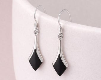 Sterling Silver Onyx Diamond Drop Earrings – 20mm X 9mm