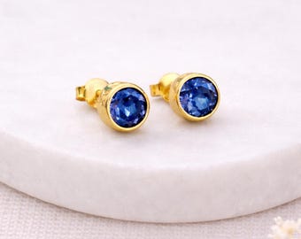 Gold Plated Sterling Silver September Sapphire Birthstone Stud Earrings – 7mm