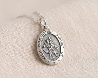 Personalised Oval St Christopher Pendant Necklace in Oxidised Sterling Silver
