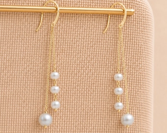 Gold Plated Sterling Silver Multi Freshwater Pearl Long Chain Drop Earrings