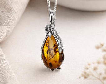 Personalised Sterling Silver Amber Penguin Necklace, Genuine Baltic Amber Pendant, 24x12mm