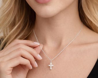 Tiny Personalised Sterling Silver Pearl Cross Pendant Necklace