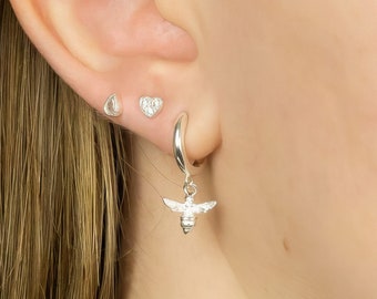 Sterling Silver Huggie Hoop Earrings With Bee Charm