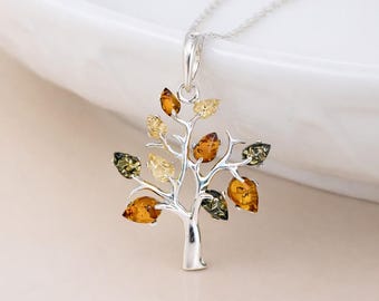 Personalised Sterling Silver Baltic Amber Tree of Life Pendant Necklace
