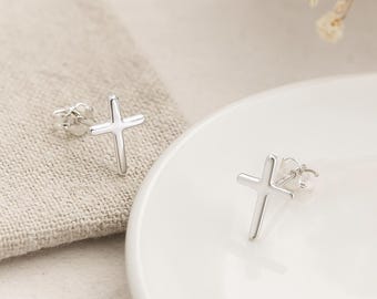 Cross Stud Earrings • Sterling Silver Christian Jewellery • Small Catholic Faith Earrings • Gift for Her • Religious Studs •