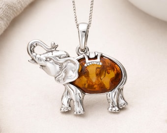 Personalised Sterling Silver Amber Elephant Necklace, Genuine Baltic Amber Pendant, 20x28mm