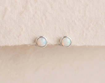 Personalised Tiny White Opal Stud Earrings in Sterling Silver