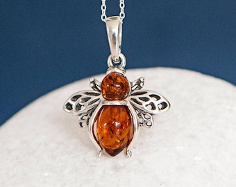 Personalised Sterling Silver Amber Bee Necklace, Genuine Baltic Amber Pendant, 18mm