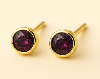 Gold Plated Sterling Silver February Amethyst Birthstone Stud Earrings