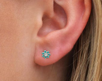 Small Sterling Silver Sparkling Green Flower Stud Earrings