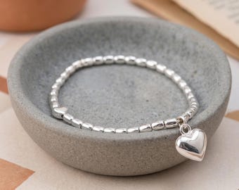 Heart Stretch Bead Bracelet with Sterling Silver Plating