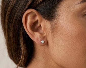 Personalised Tiny White Opal Stud Earrings in Sterling Silver
