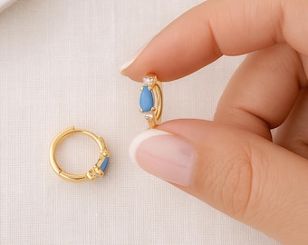 18ct Gold Plated Sterling Silver Turquoise Huggie Hoop Earrings, 10mm
