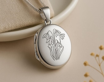 Sterling Silver Snowdrop Locket – January Birth Flower, Personalised