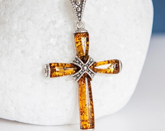 Personalised Sterling Silver Amber Cross Necklace, Genuine Baltic Amber Pendant, 35x27mm