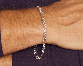 Heavyweight Figaro Chain Bracelet in Sterling Silver, Fathers Day Gift for Dad, Bracelet for Men